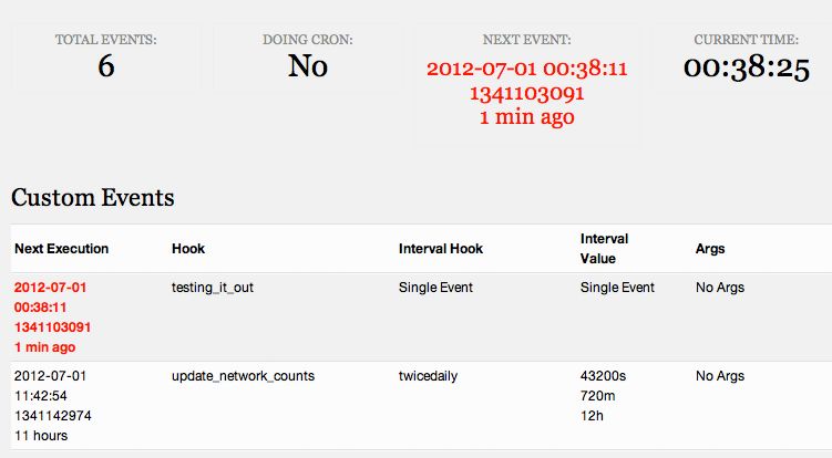 Debug Bar Cron panel showing a missed scheduled event, with the next event time highlighted in red and a custom events table listing each hook and interval