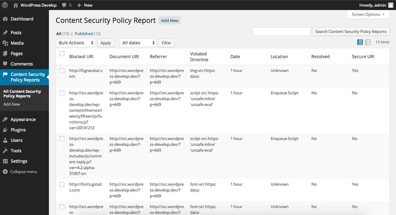Content Security Policy Reports admin screen in version 1.2.0, listing violations with added Location, Resolved, and Secure URI columns